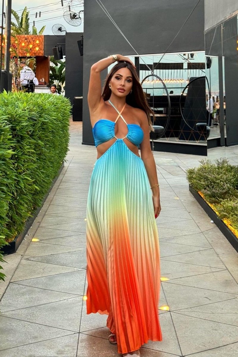 Halter Neck Cut Out Waist Pleated Maxi Gown