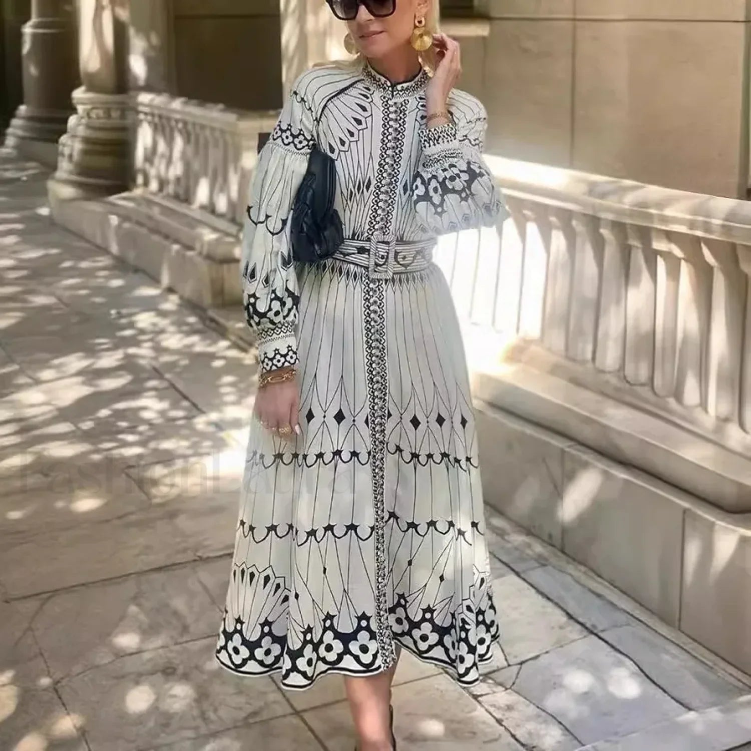 Belted A Line Boho Dress WHITE / S
