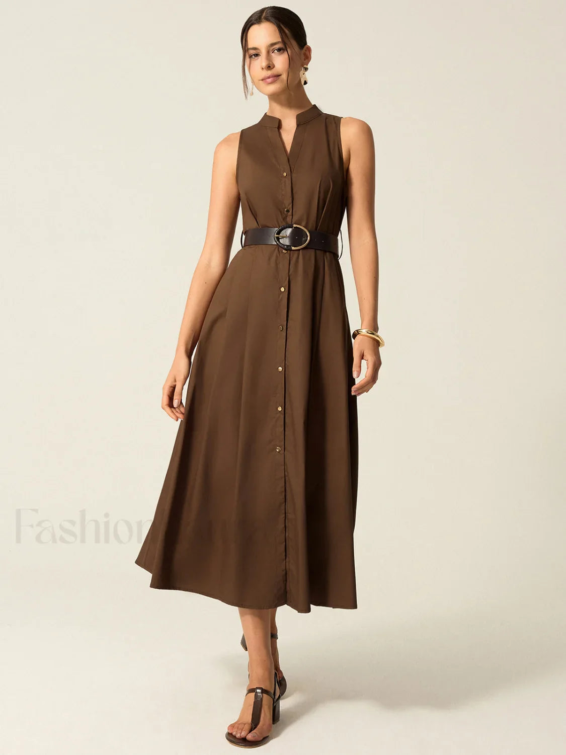 Belted Button Front Midi Dress Dark Brown / XS Dresses