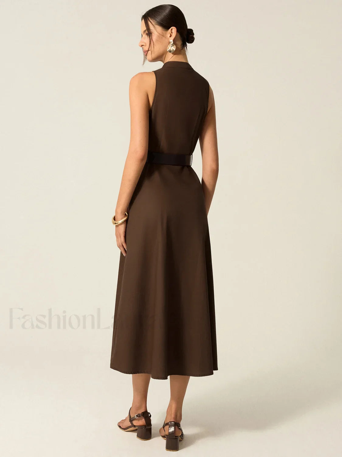 Belted Button-Front Midi Dress