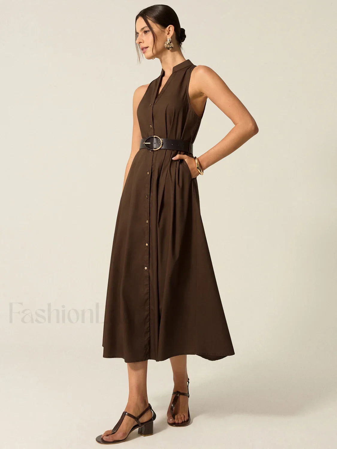 Belted Button-Front Midi Dress