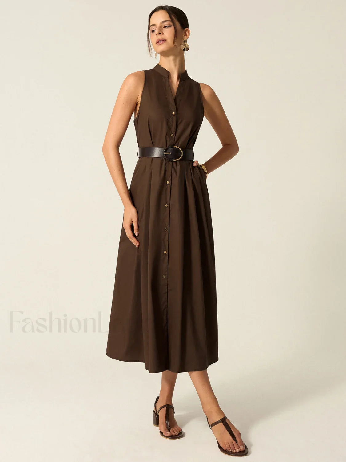 Belted Button-Front Midi Dress
