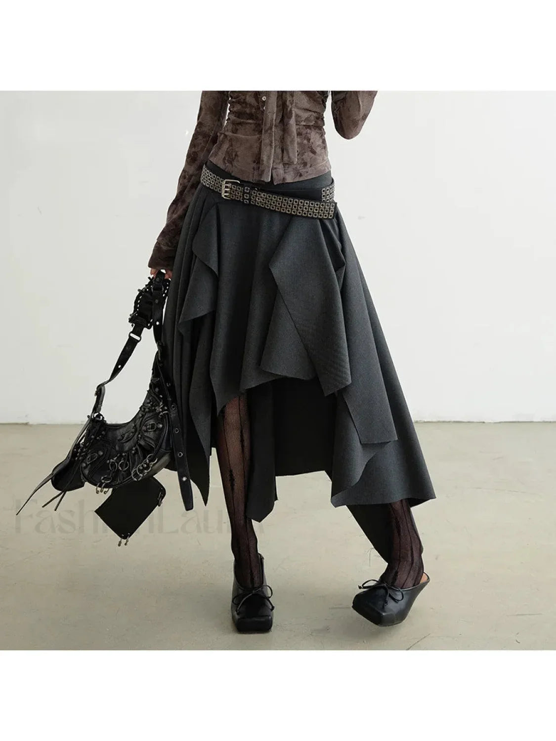 Belted Patchwork Loose Elegant Skirt