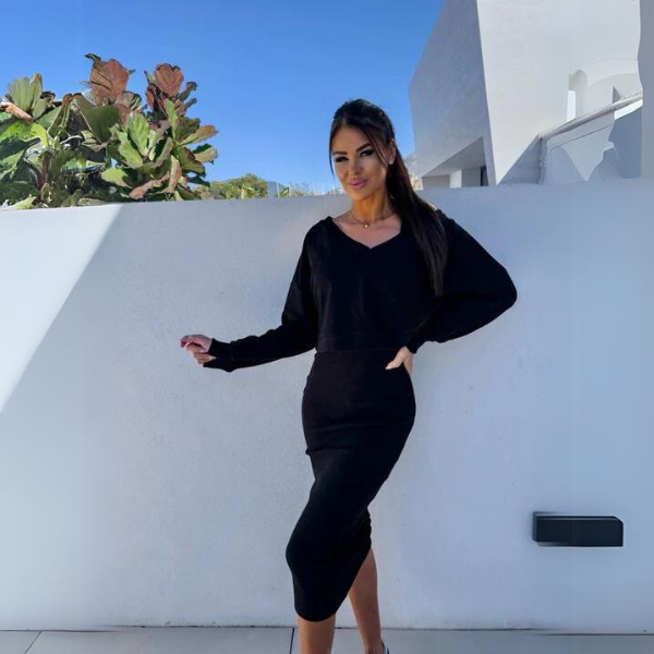 V-Neck Cropped Long Sleeve Sweatshirt Bodycon Midi Skirt Two Piece Set