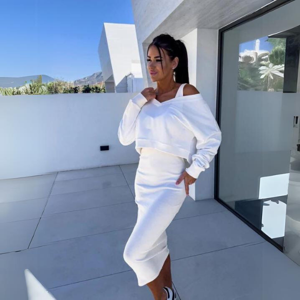 V-Neck Cropped Long Sleeve Sweatshirt Bodycon Midi Skirt Two Piece Set