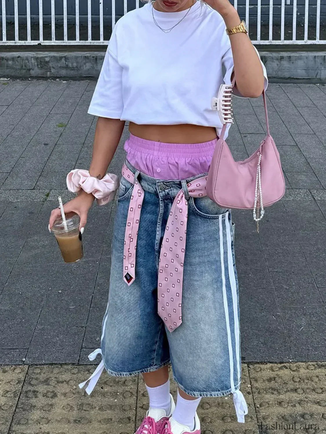 Bermuda Denim Mid Waist Side Stripes Print Wide Leg Short