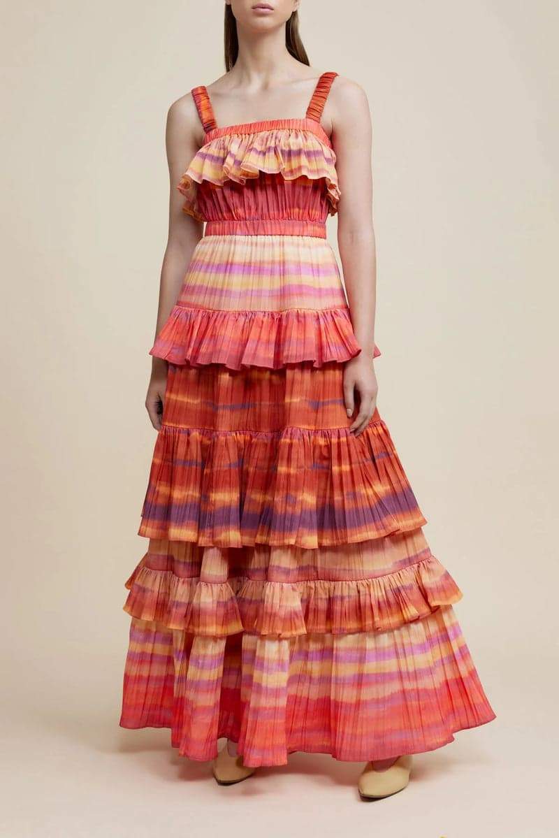 Striped Print Square Neck Sleeveless Ruffle Tiered Maxi Dress 6