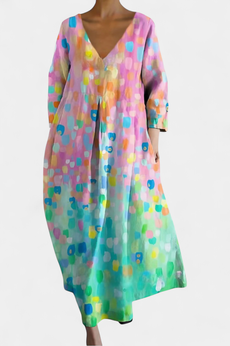 Abstract Print V-Neck Three Quarter Sleeve Oversized Maxi Dress