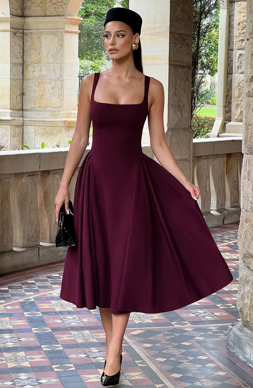 Square Neck Sleeveless Fit and Flare Midi Dress