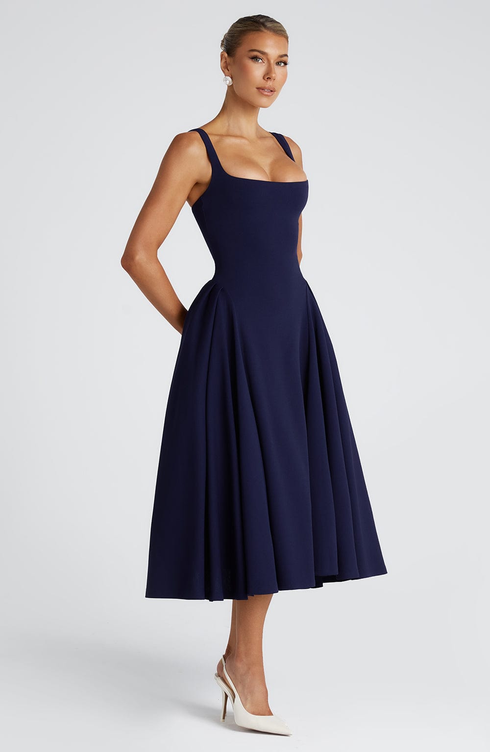Square Neck Wide Strap Fitted Bodice Full Skirt Midi Dress 11