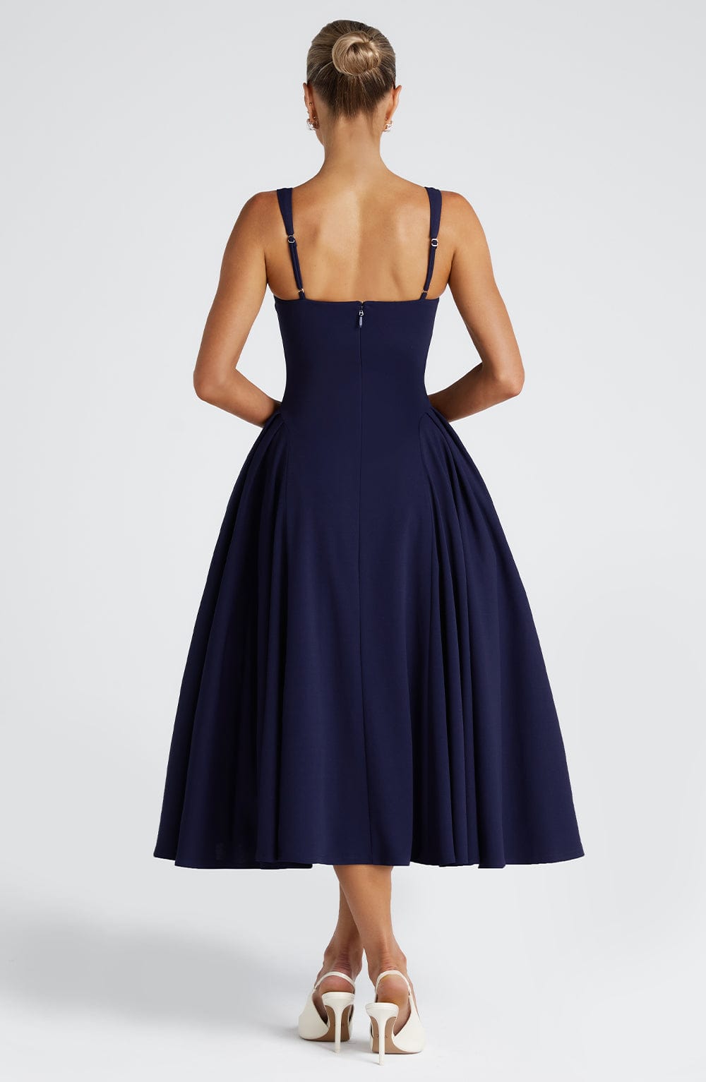 Square Neck Wide Strap Fitted Bodice Full Skirt Midi Dress 3