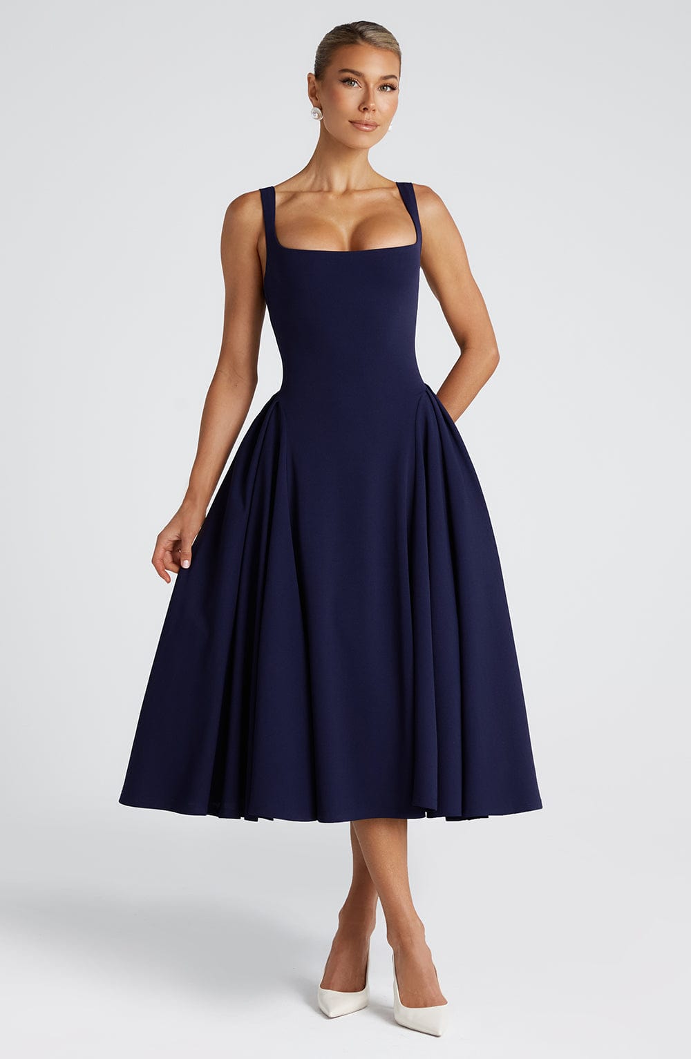 Square Neck Wide Strap Fitted Bodice Full Skirt Midi Dress 5