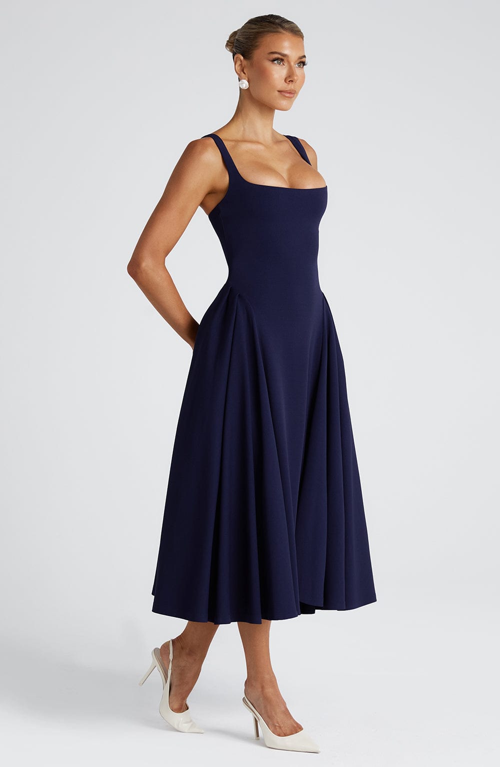 Square Neck Wide Strap Fitted Bodice Full Skirt Midi Dress 9