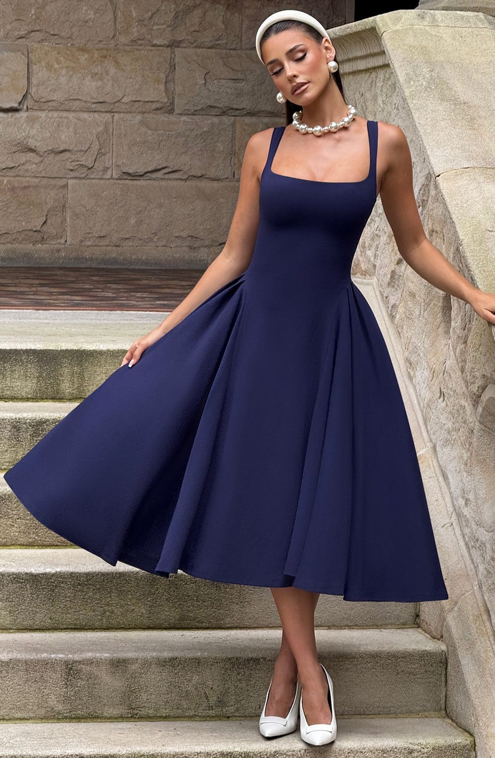 Square Neck Wide Strap Fitted Bodice Full Skirt Midi Dress 7