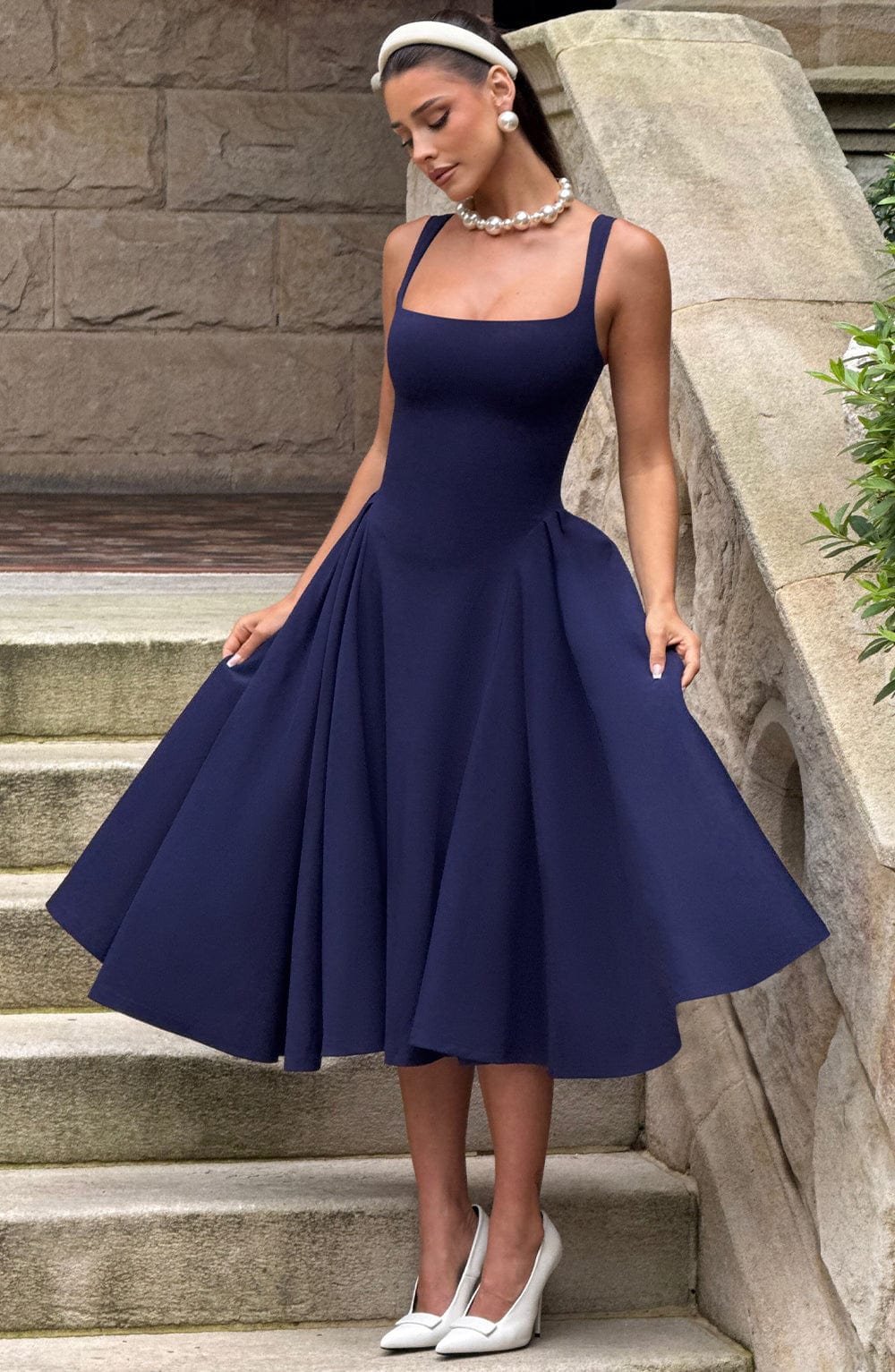 Square Neck Wide Strap Fitted Bodice Full Skirt Midi Dress 8