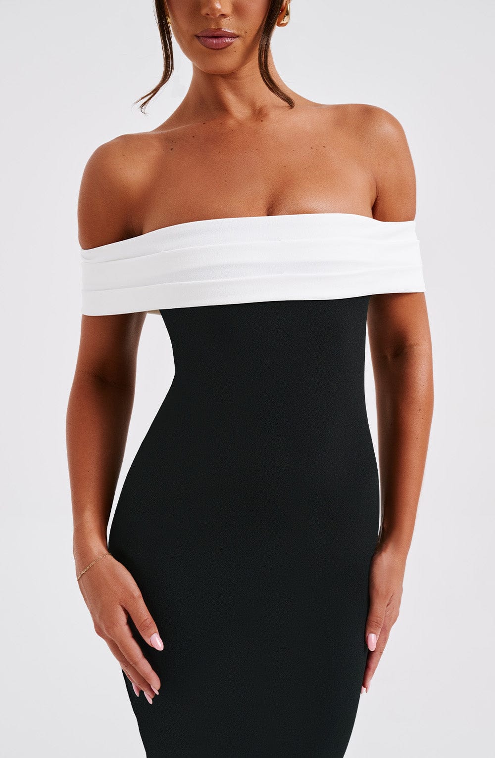 Contrast Fold Over Off Shoulder Bodycon Mermaid Midi Dress 4