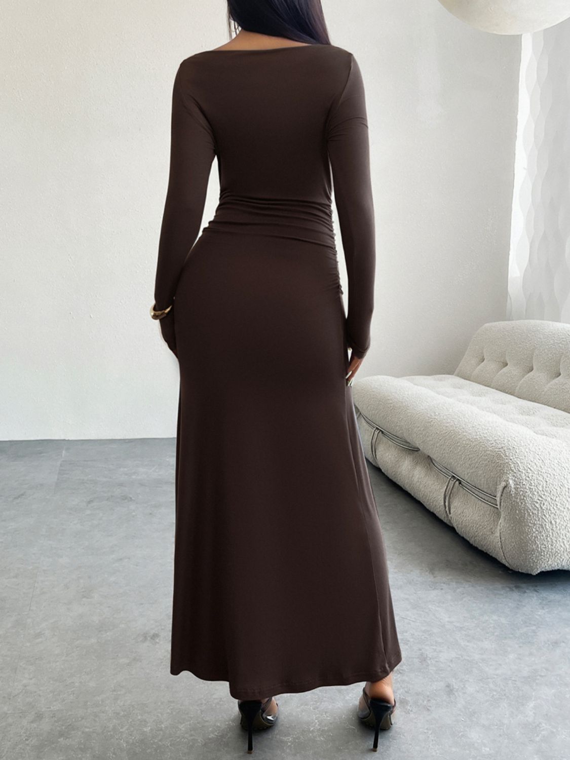Ruched Boat Neck Long Sleeve Bodycon Maxi Dress 10