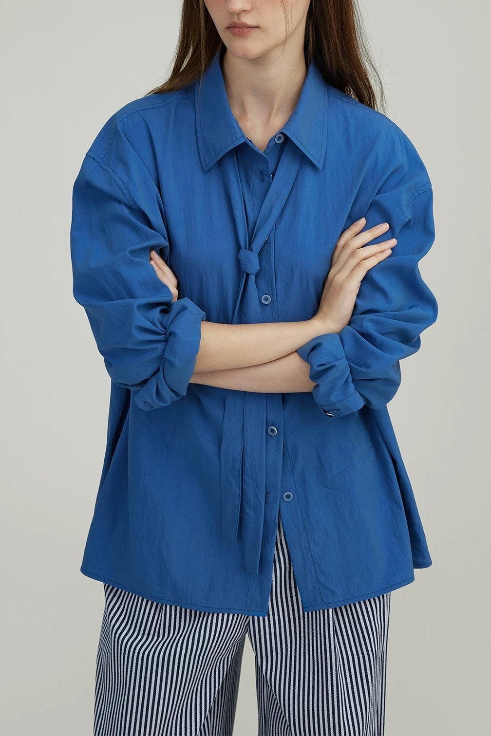 Oversized Collared Long Sleeve Button Front Tie Neck Shirt