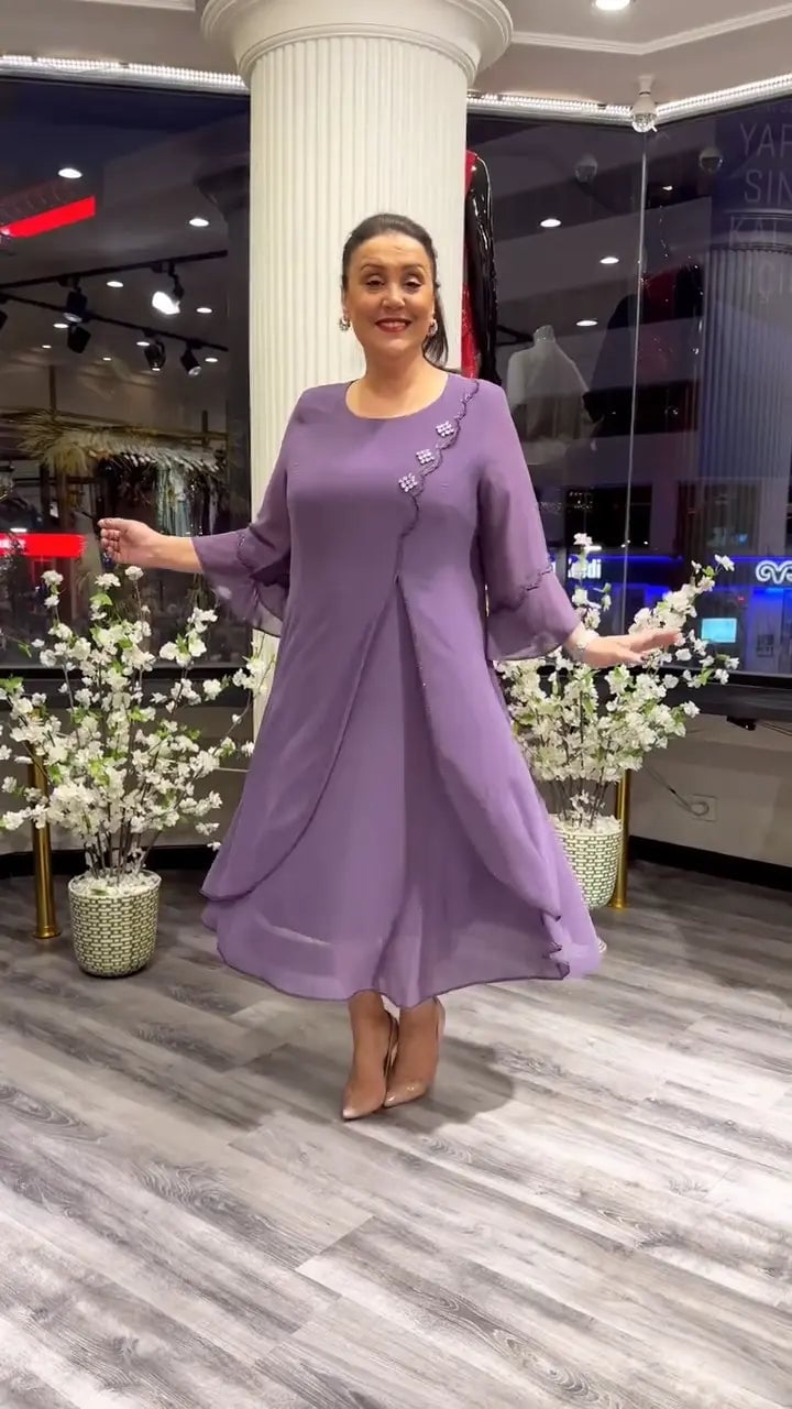 Chiffon Floral Applique Bell Sleeve Asymmetrical Tiered A-Line Midi Dress