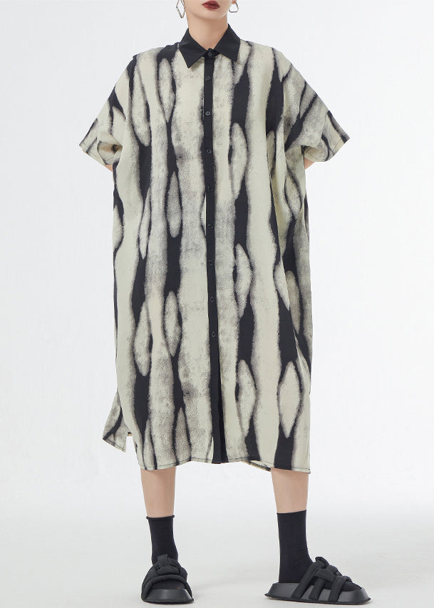 Abstract Print Collared Button Down Short Sleeve Oversized Shirt Midi Dress