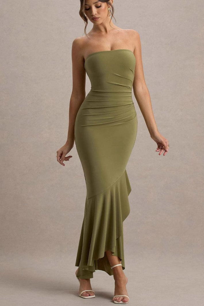 Strapless Ruched Asymmetric Ruffle Hem Bodycon Maxi Gown