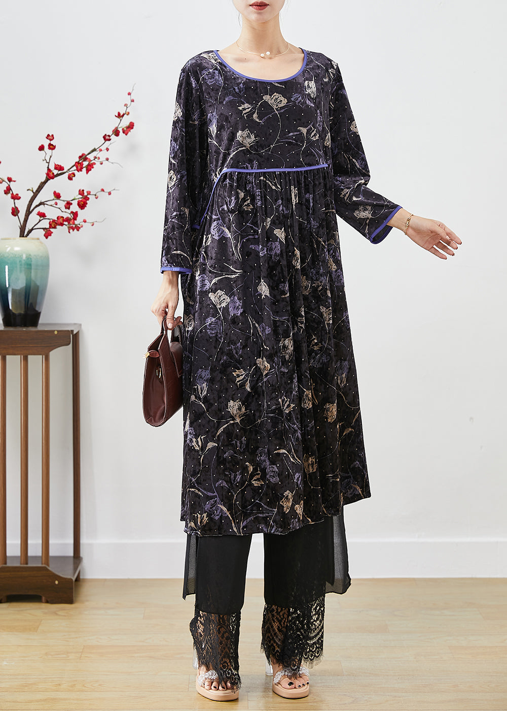 Velvet Floral Print Empire Waist Long Sleeve Dress Lace Hem Wide Leg Pants Two Piece Set