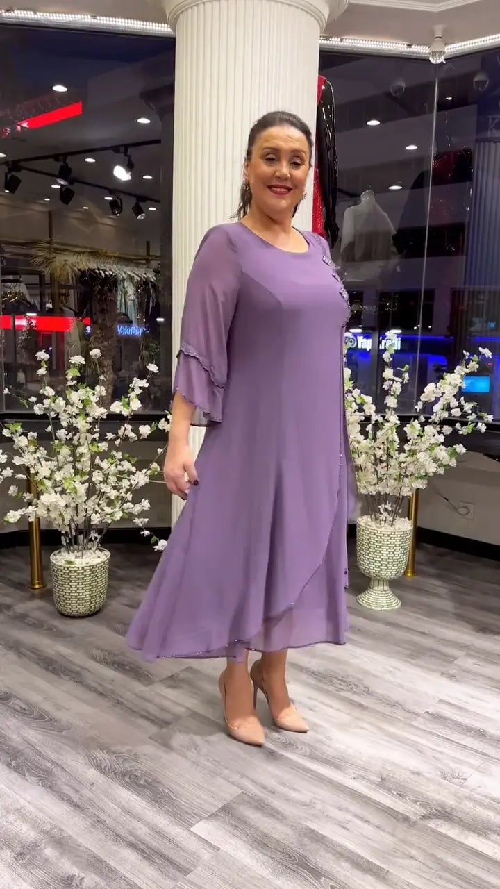 Chiffon Floral Applique Bell Sleeve Asymmetrical Tiered A-Line Midi Dress