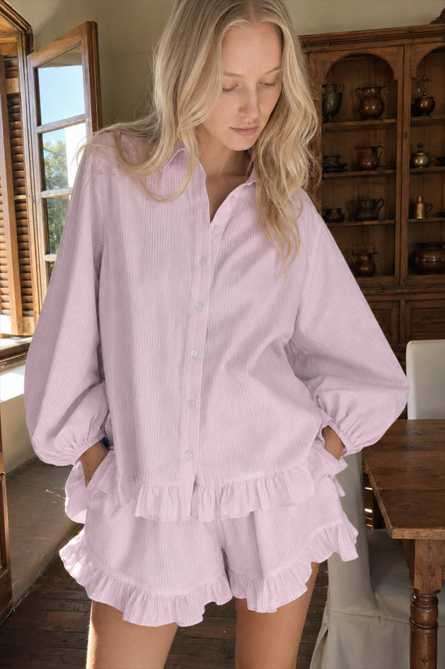 Loose Pink Stripe Ruffle Shorts Two Piece Set