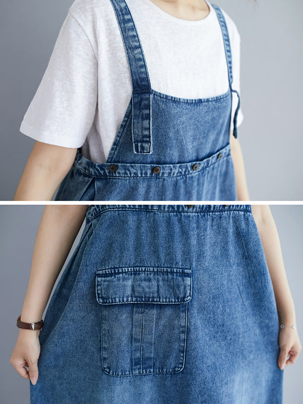 Denim Bib Strap Cargo Pocket Loose Fit Midi Overall Dress