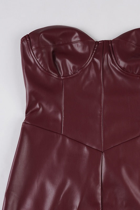 Faux Leather Strapless Corset Bodycon Maxi Party Dress