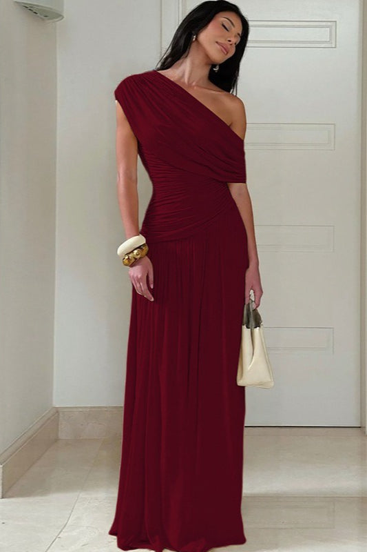One Shoulder Ruched Draped Flowy Maxi Dress