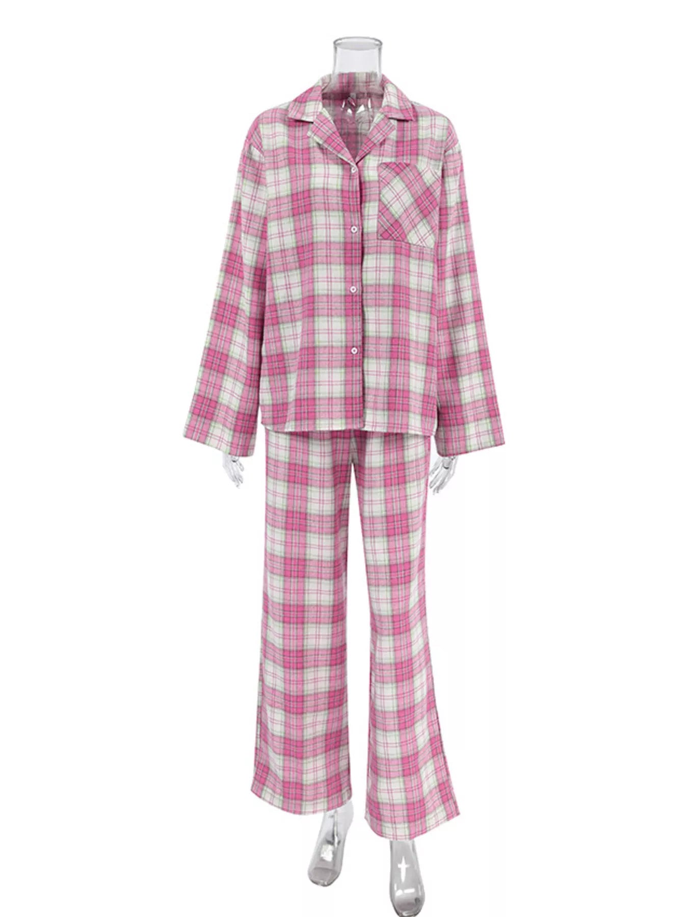 Plaid Long Sleeve Shirt and Pants Set