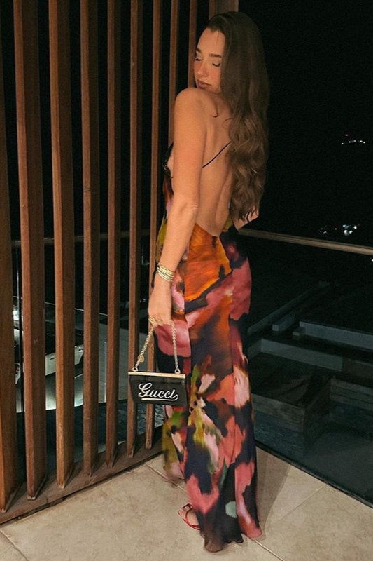 Floral Deep V-Neck Lace Trim Backless Bias Cut Slip Maxi Dress