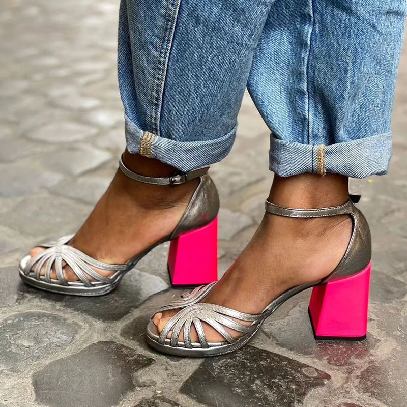 Strappy Peep Toe Ankle Strap Block Heel Sandals