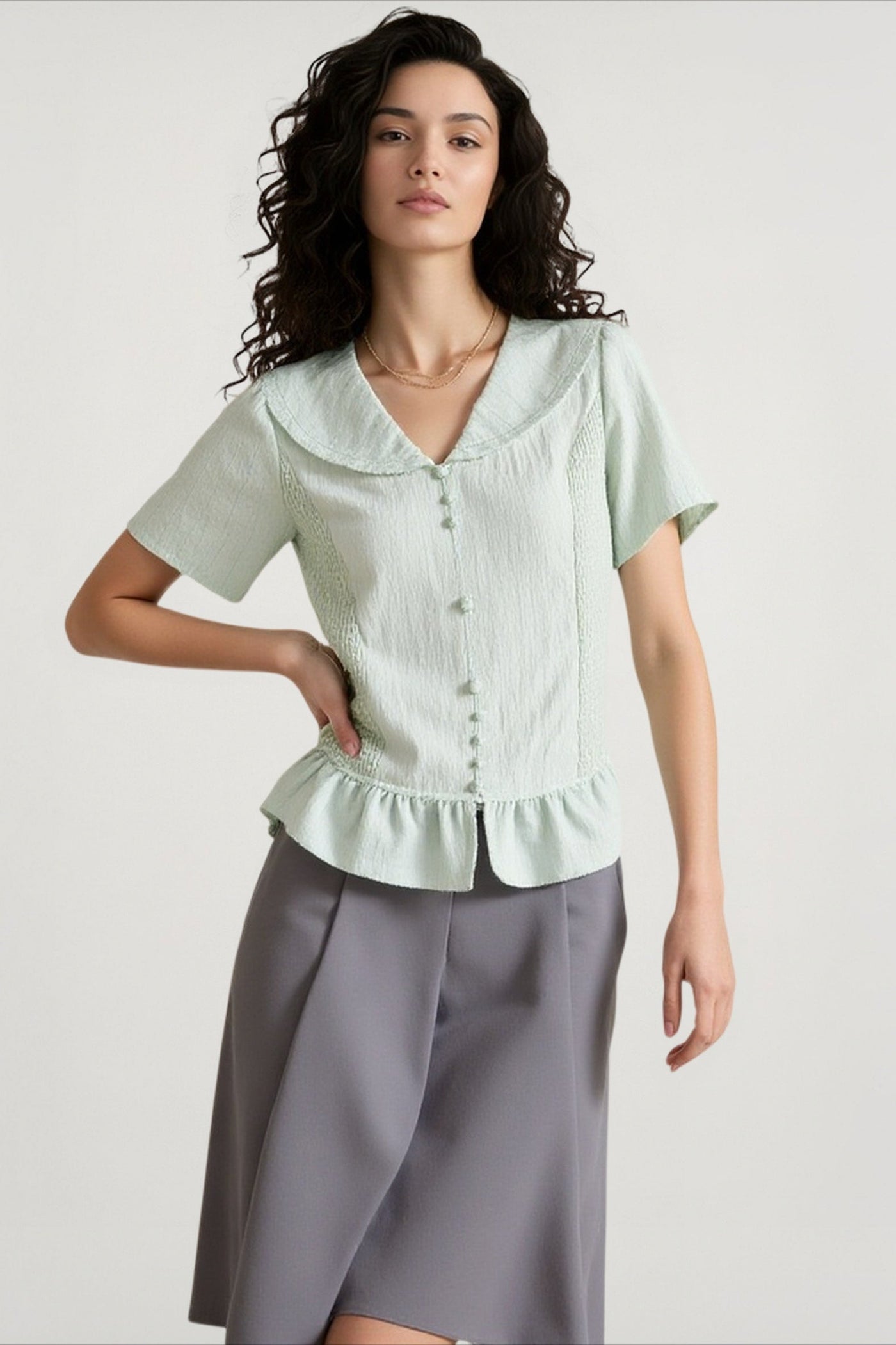 Linen Stripe V Neck Tie Waist Blouse
