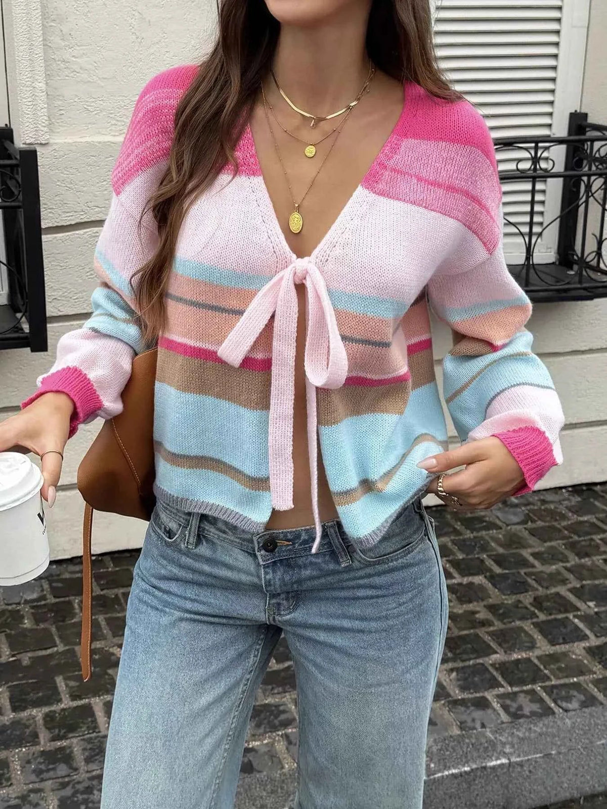 Striped Tie Front V-Neck Long Sleeve Cropped Knit Cardigan 3