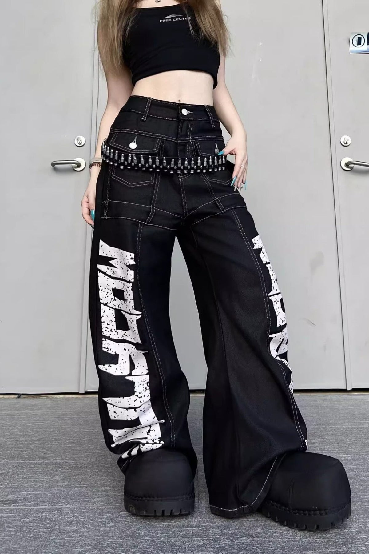 Graphic Letter Print Contrast Stitch Baggy Wide Leg Jeans 3