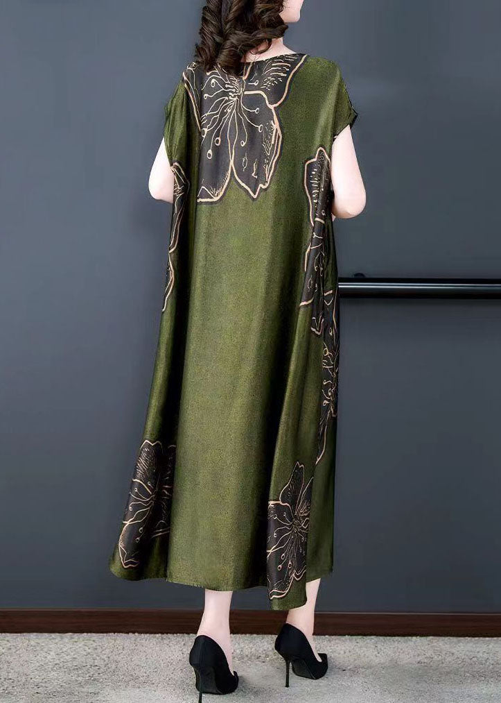 Floral Print Cap Sleeve Round Neck Side Slit Satin Look Loose Midi Dress