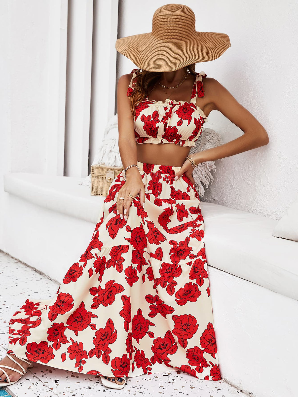 Floral Tie Shoulder Ruched Crop Top and Tiered Maxi Skirt Two Piece Set 6