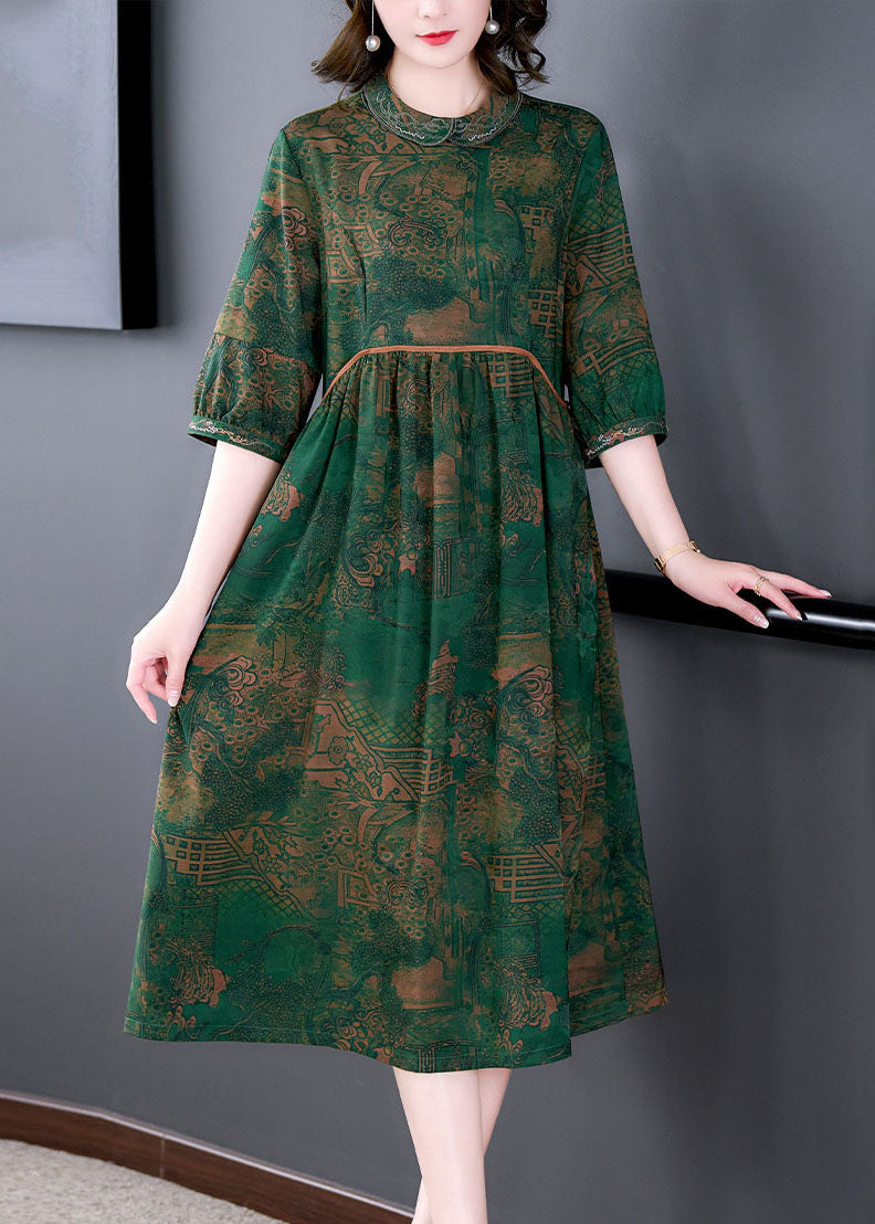 Peter Pan Collar Empire Waist Landscape Print Three Quarter Sleeve Midi Dress