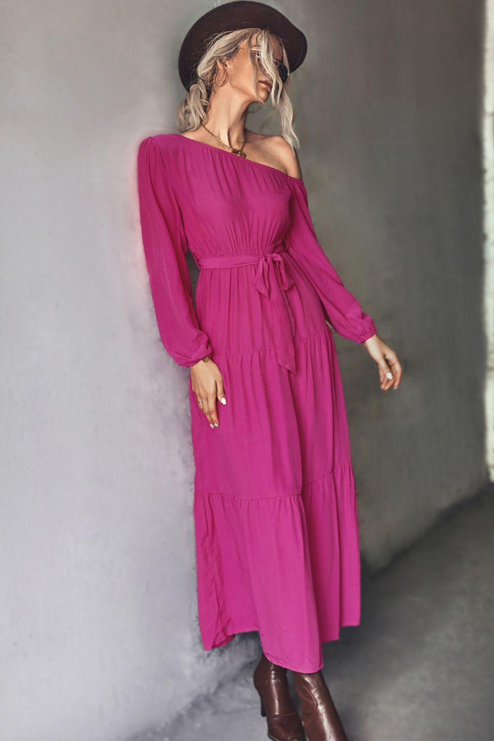 One Shoulder Long Sleeve Belted Tiered Maxi Dress 4