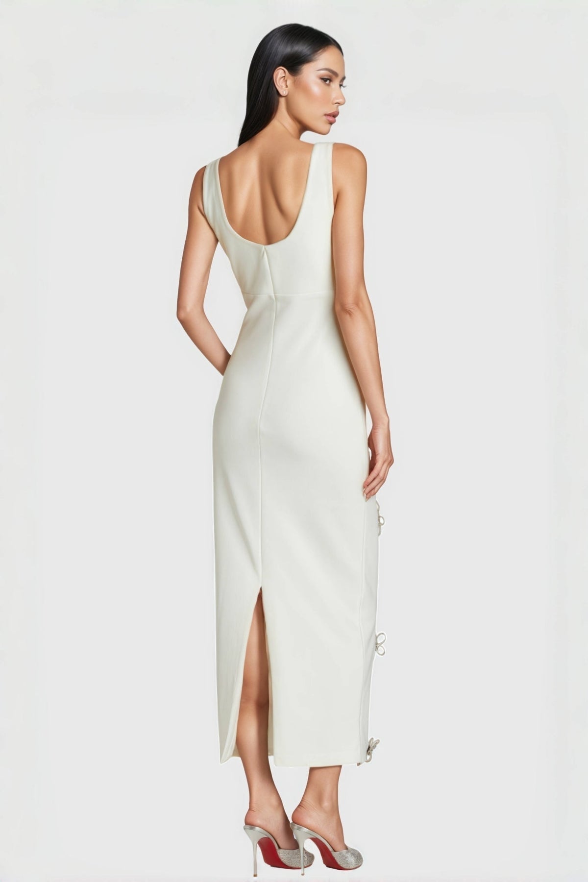 Scoop Neck Sleeveless Rhinestone Flower Applique Column Maxi Dress 4
