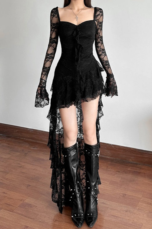 Long Sleeve Irregular Hem Lace Dress 5