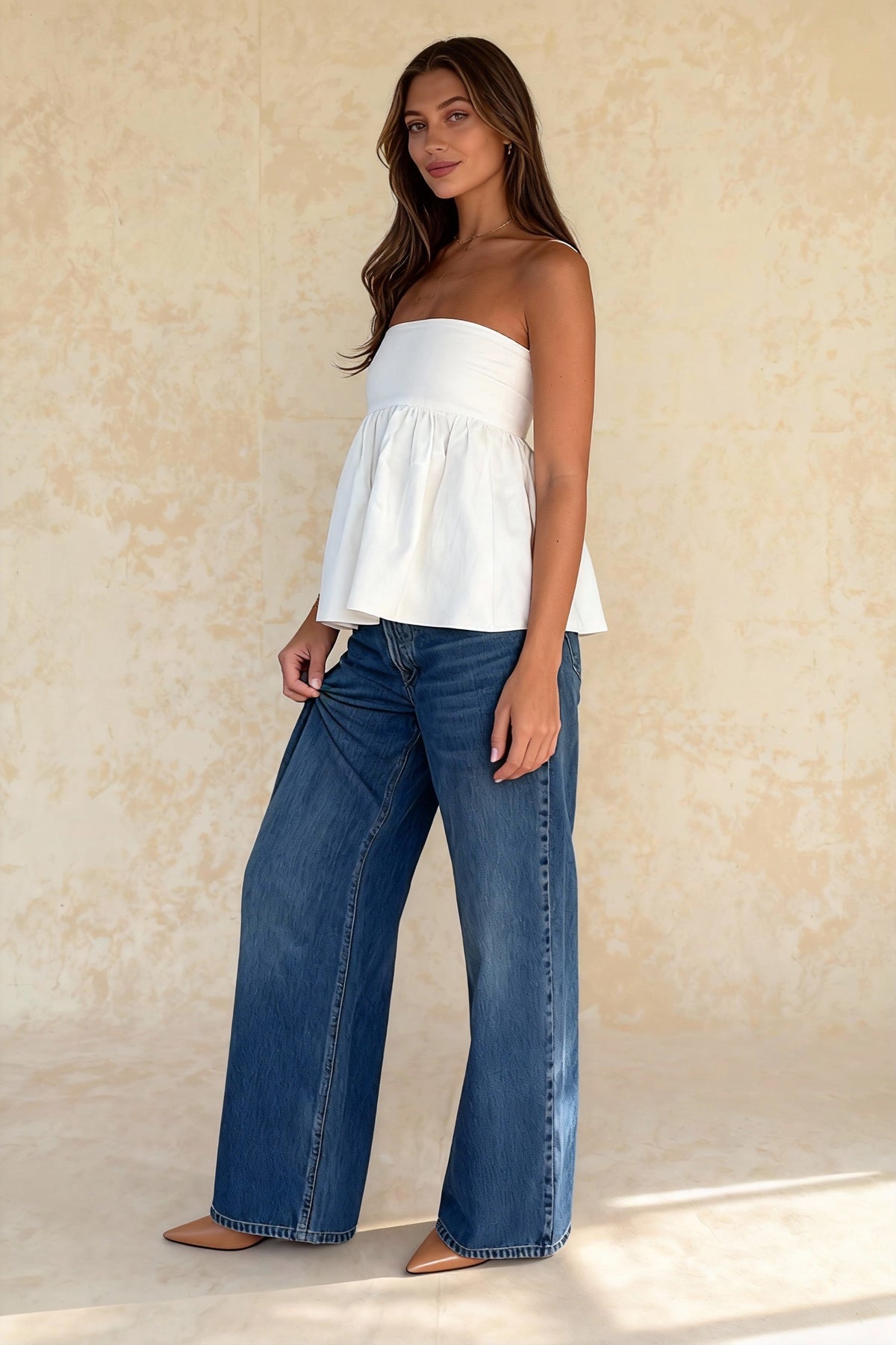 Strapless Bandeau Flowy Babydoll Peplum Top 2