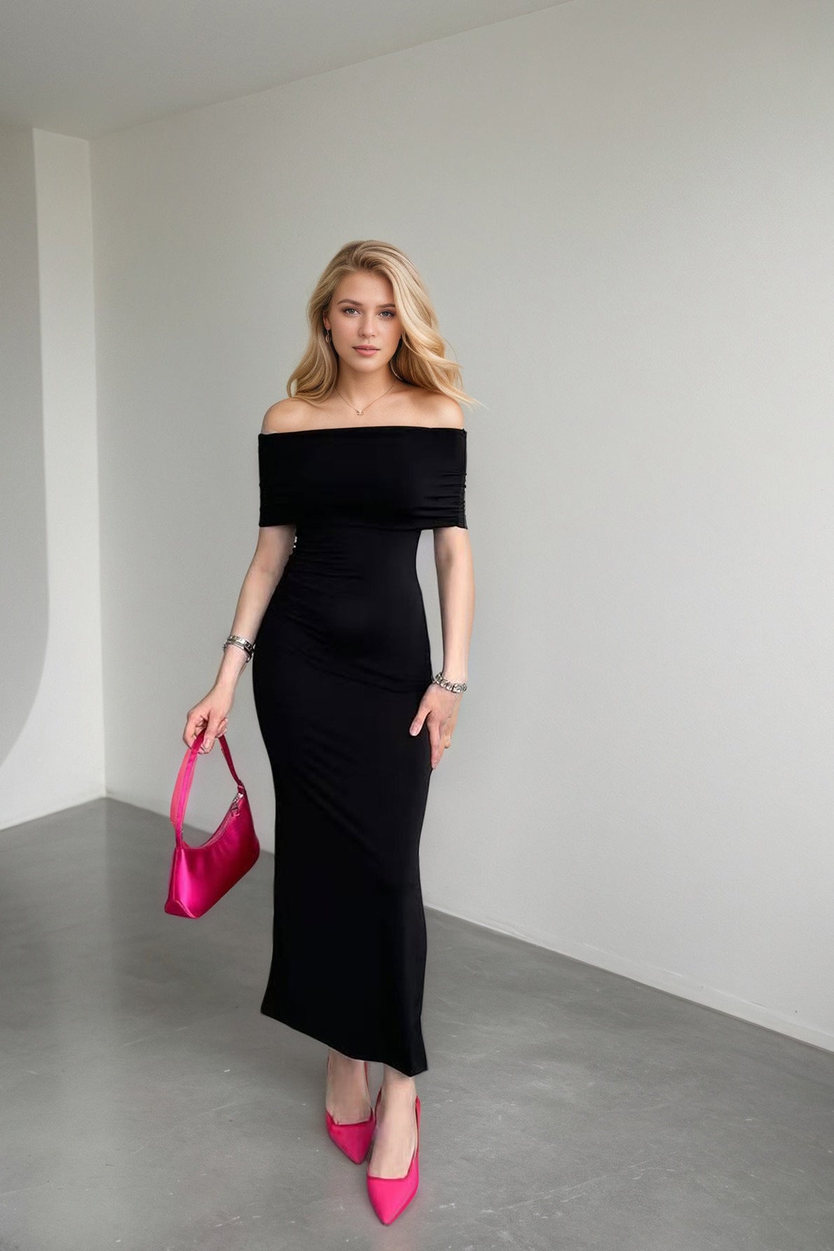 Off Shoulder Short Sleeve Ruched High Split Midi Dress