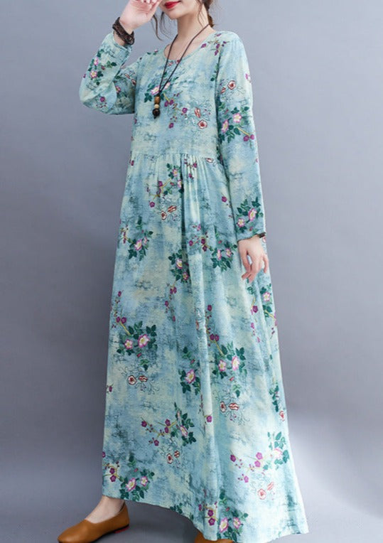 Small Floral Print Empire Waist Gathered Long Sleeve Loose Maxi Dress