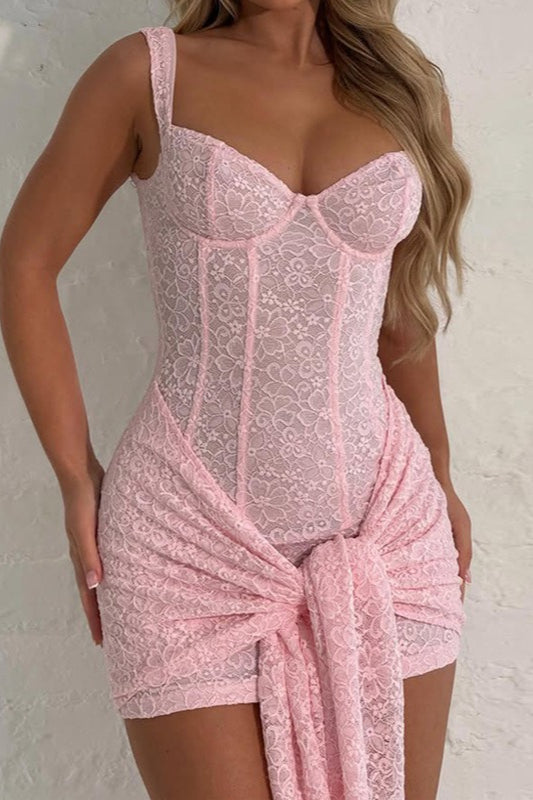 Lace V-Neck Spaghetti Insert Lace-Up Slim Lace Dress