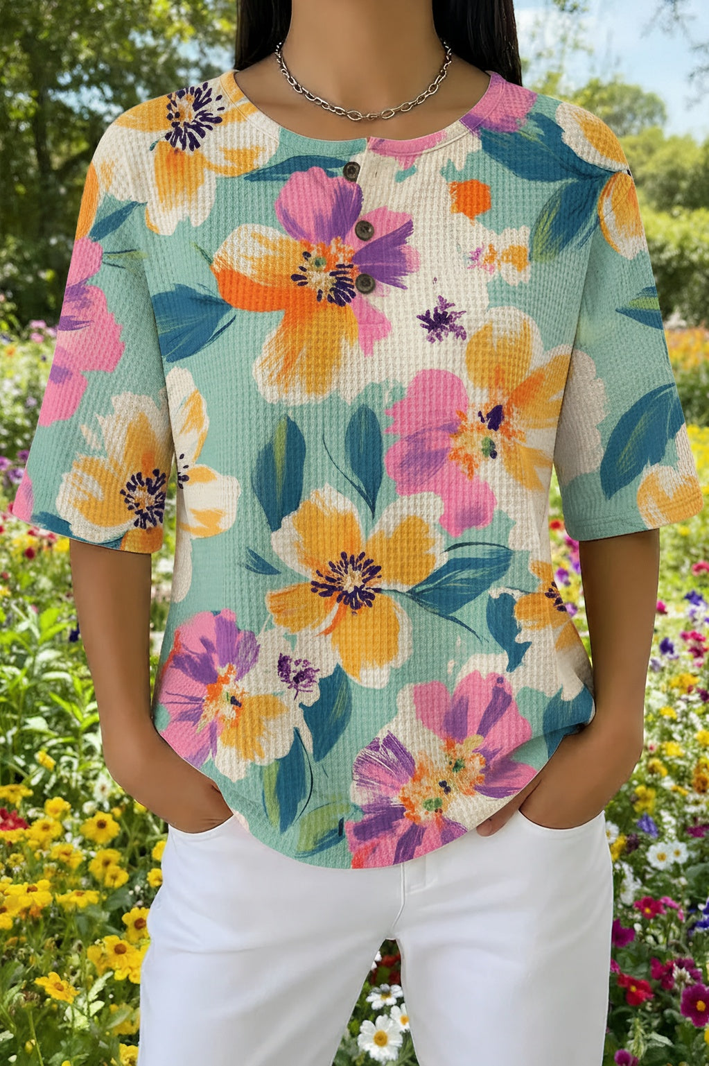 Womens Multi-Color Tropical Floral Print Casual Shirt