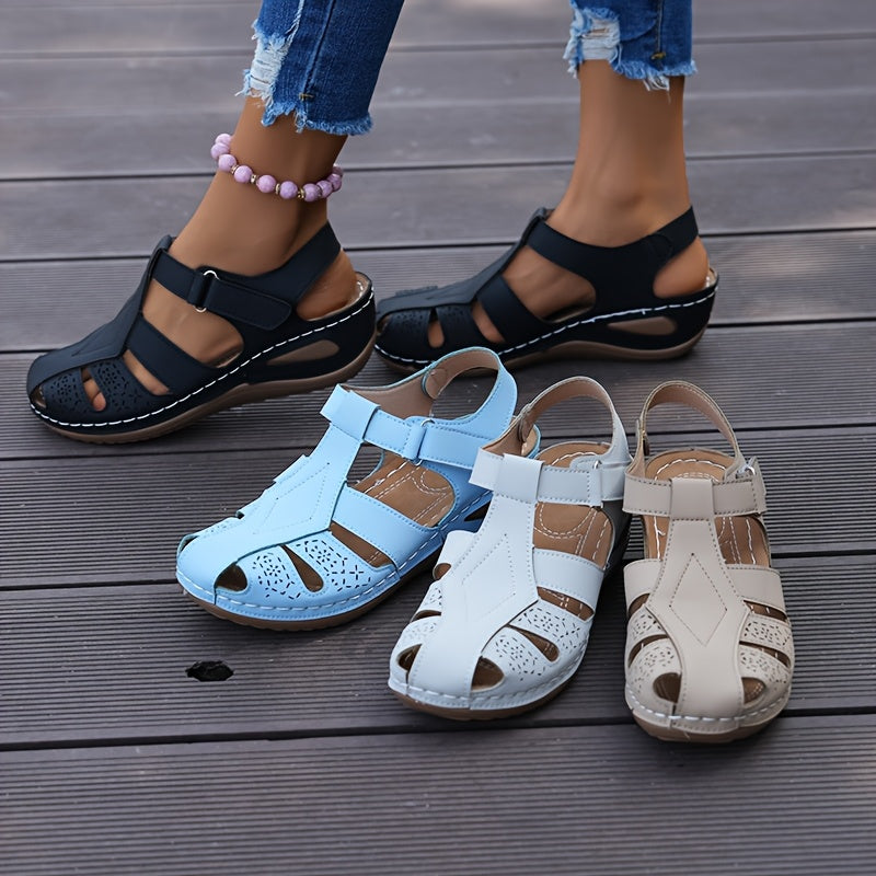 Closed Toe Cut Out Hook and Loop Wedge Sandals