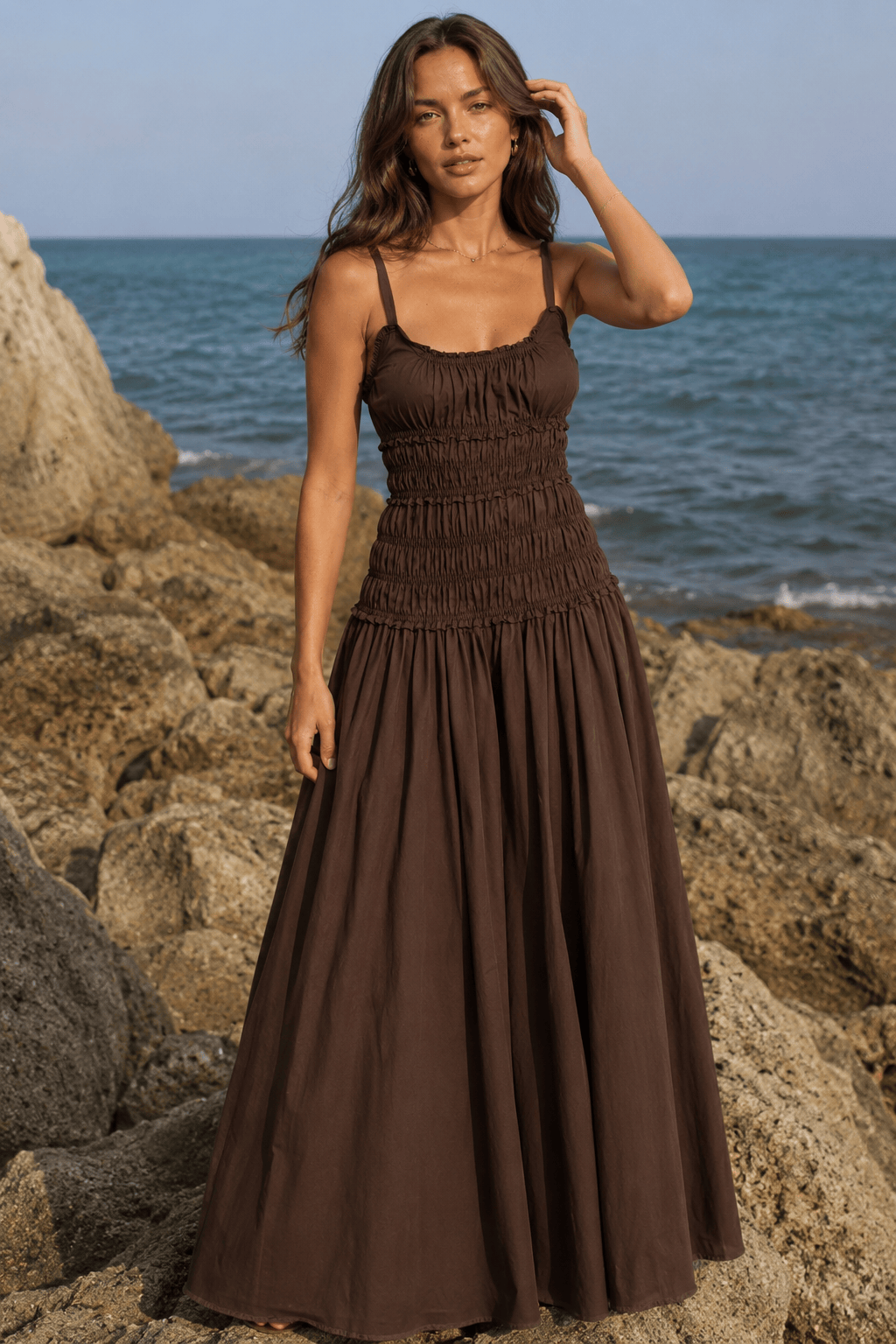 Solid Cotton Ruched Long Sleeveless Slip Dress
